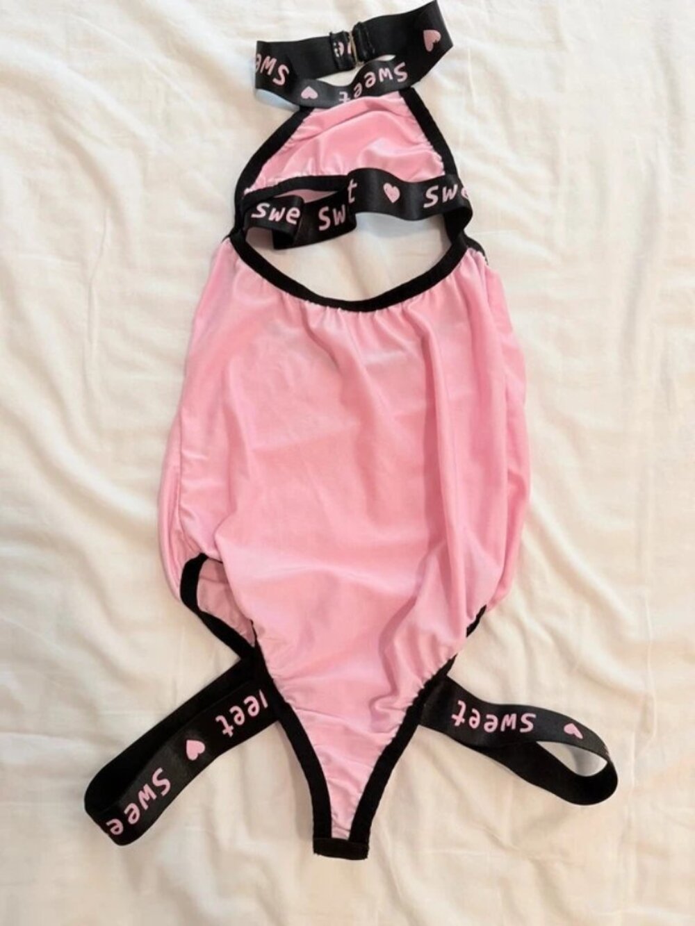 Pink Bodysuit Black Sweet Print Straps Halter Y2K XS